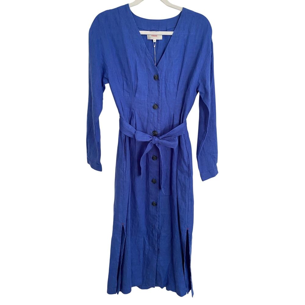 XIRENA Tuckernuck Lucy Linen Button Down Tie Waist Shirt Dress Royal Blue NWT XS